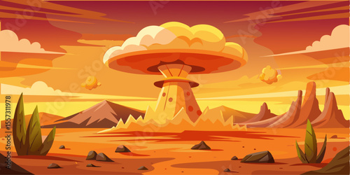 Cartoon illustration A huge explosion forms a giant mushroom cloud in the middle of a barren desert, as a form of support for the design idea effect.
