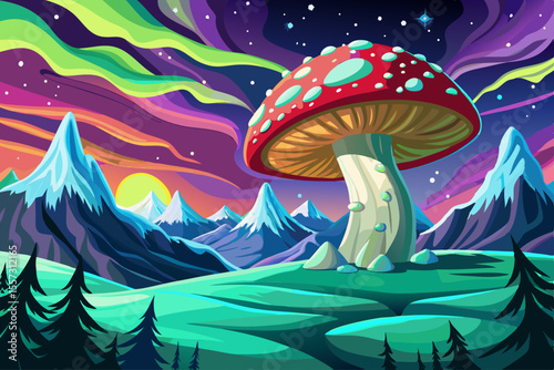 vector of A live Amanita muscaria mushroom glows under the aurora borealis in a mystical mountain landscape.