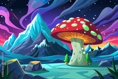 vector of A live Amanita muscaria mushroom glows under the aurora borealis in a mystical mountain landscape.