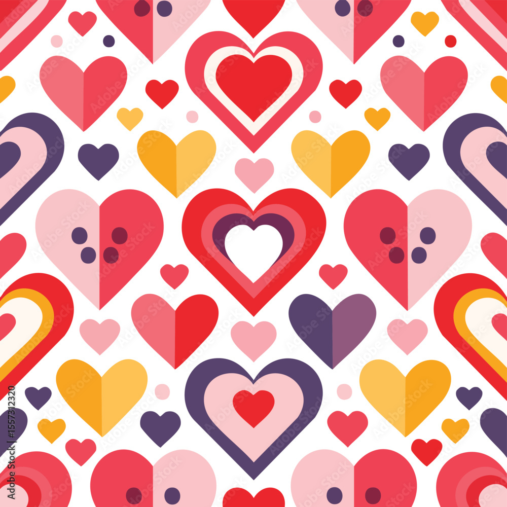Colorful and modern seamless pattern featuring geometric hearts in a repeatable composition suitable for valentine's day and romantic designs.