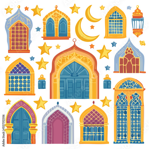 Hand-drawn illustration set featuring colorful architectural elements including doors windows stars and crescent moons perfect for middle eastern themed designs
