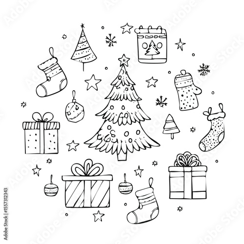 Festive hand-drawn christmas illustrations featuring trees presents stockings mittens ornaments and a calendar arranged in a circular composition perfect for holiday designs