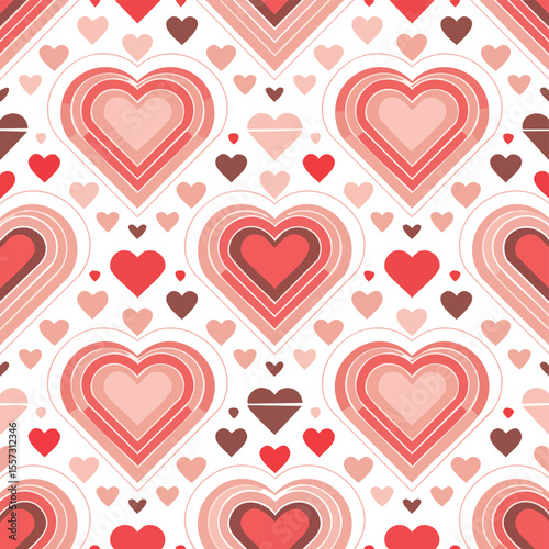 A seamless pattern featuring stylized hearts in red and pink tones ideal for valentine's day designs and romantic projects