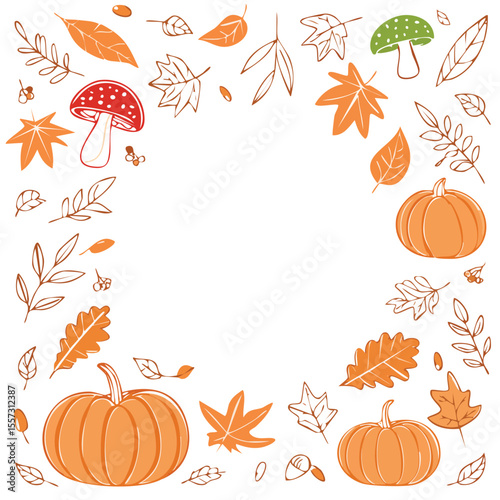 Delightful hand-drawn autumn frame featuring pumpkins, mushrooms, and falling leaves with elegant sketch details suitable for invitations or greeting cards.