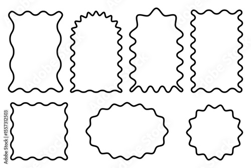 Scallop frame with wave border. Vector rectangle squiggle design for photo and collage. Vintage doodle curve element