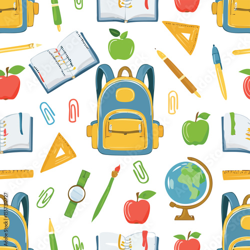 Seamless pattern of school supplies featuring backpacks apples pens and pencils ideal for education themed designs and classroom decoration