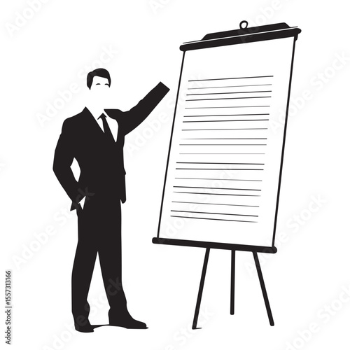 Silhouette of a businessman in a suit pointing at a flip chart with lines of text during a presentation