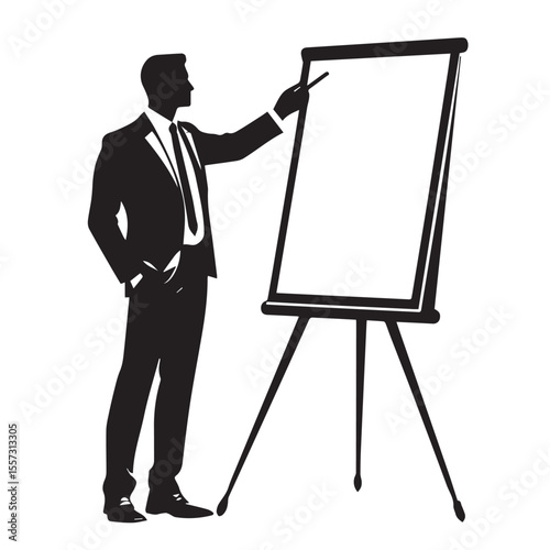 Silhouette of a businessman in a suit pointing at a blank flip chart on a tripod easel during a presentation