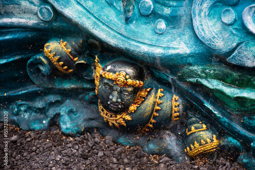 Carved sculpture art animal of himmapan and creatures mythical legend for thai people travelers travel visit respect praying holy mystery in Wat Phra Kaew temple at Chainat city in Chai Nat, Thailand