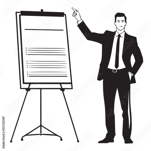 Confident businessman in a suit pointing at a flip chart with bullet points during a presentation or meeting