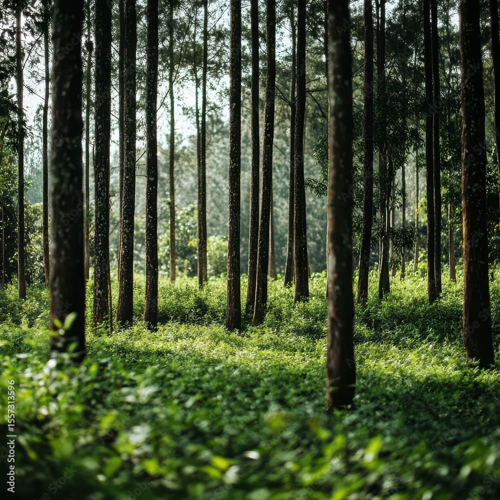 Obraz premium Peaceful forest with tall green trees