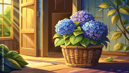 Blooming hydrangea in woven basket near open door, sun rays casting leaf shadows, wooden textures, gentle breeze feel, elegant cozy interior, rich flower details and bright tones.

