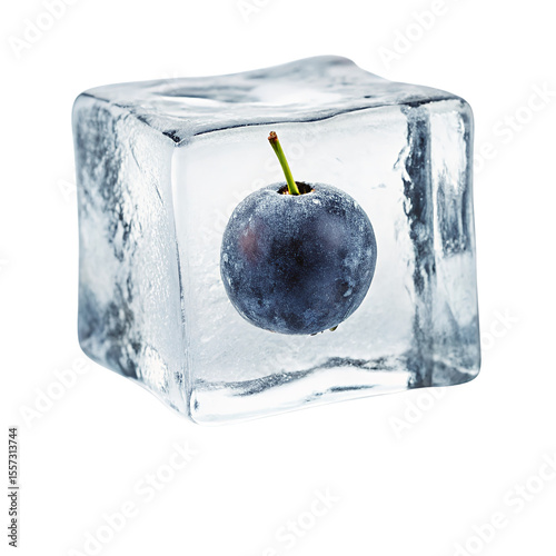 Huckleberry encased in ice cube on transparent background  