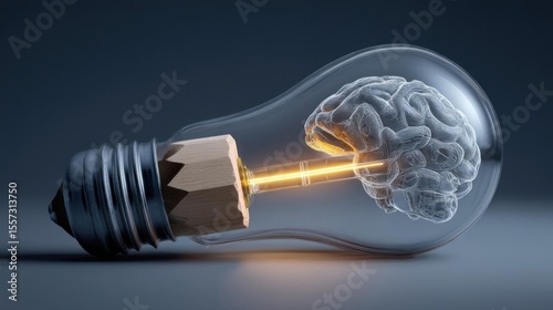 Human brain inside a light bulb on a dark background. 3D illustration.