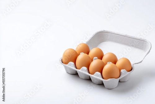 Fresh Brown Eggs in Eco-Friendly Carton on White Surface