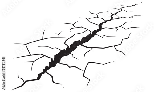 Cracked wall. Damage surface crack and fissure in ground, concrete, crevices from disaster silhouette breaks on land surface from earthquake isolated on white background. Broken ground