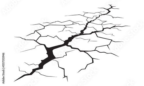 Cracked wall. Damage surface crack and fissure in ground, concrete, crevices from disaster silhouette breaks on land surface from earthquake isolated on white background. Broken ground