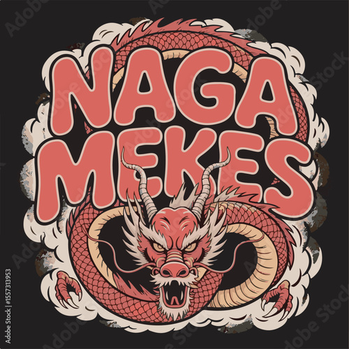 Red Dragon Coiled Around Naga Mekes Text Vintage Style Illustration Fierce Expression Scaled Body Powerful