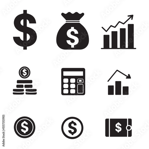 Collection of black financial icons representing money growth savings expenses and transactions on a white background