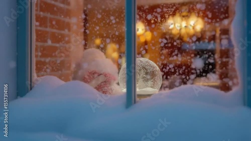 Watching Snow Falling Outside Warm Home Window with Globe