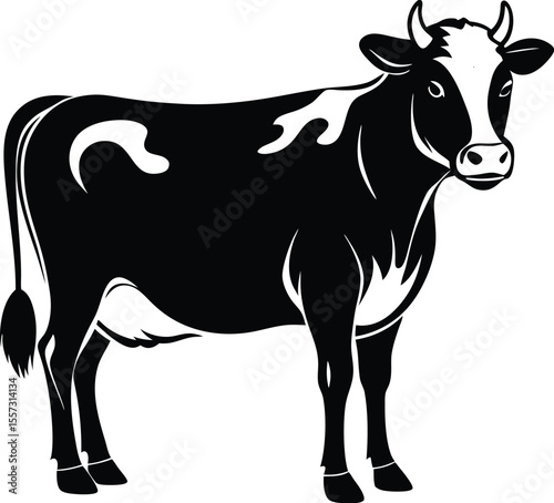 Cow silhouette, farm animal vector, black and white cattle icon, livestock illustration, simple shape design
