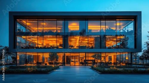 Modern office building exterior at night, with reflection in glass wall.