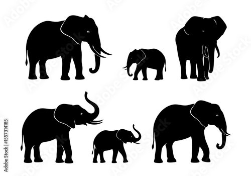 Black Silhouette Various Size Elephant Family Wildlife Animal Illustration