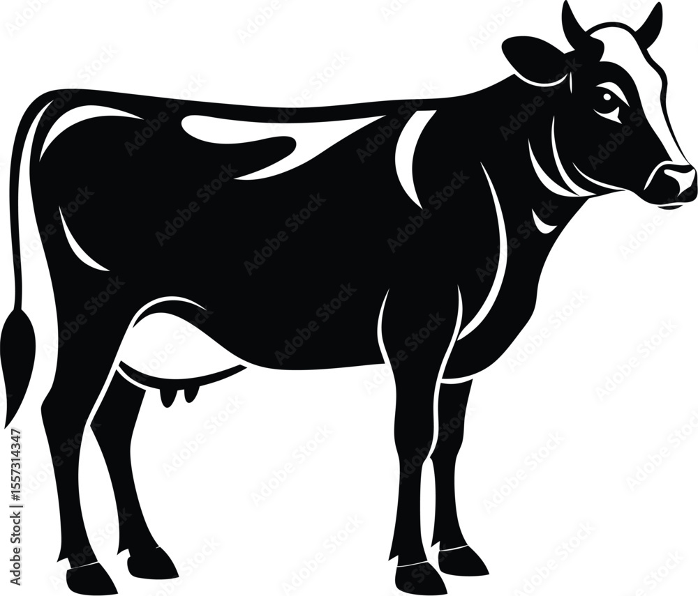 Fototapeta premium Cow silhouette, farm animal vector, black and white cattle icon, livestock illustration, simple shape design 