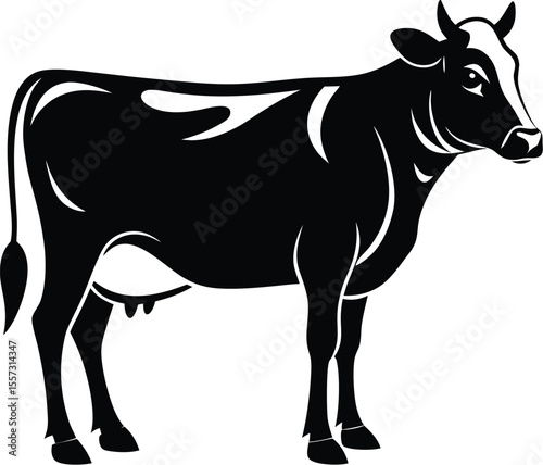 Cow silhouette, farm animal vector, black and white cattle icon, livestock illustration, simple shape design
