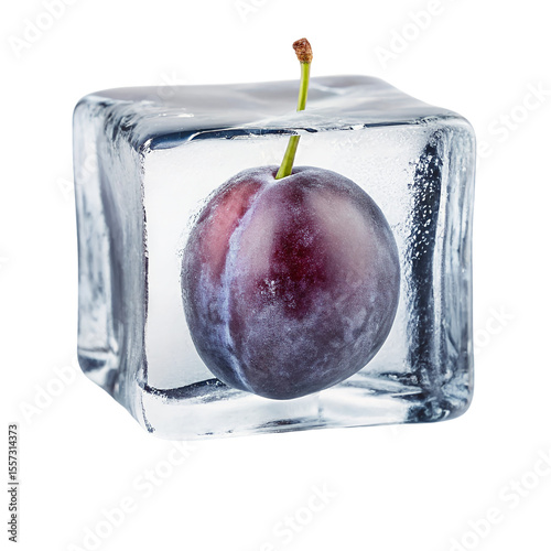 Fresh plum encased in ice cube on transparent background  