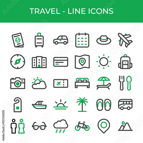 Set of travel icons, containing passport, plane, hotel, restaurant, bag, map and more. Dual color line icons