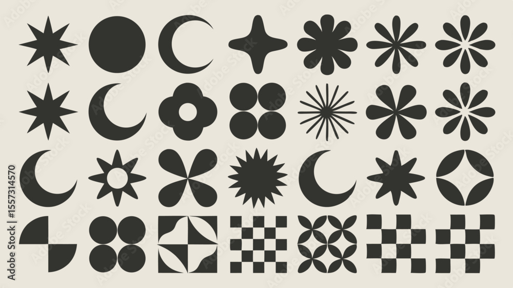 Fototapeta premium Assorted Black Geometric Shapes Pattern Stars, Moons, Flowers, Checkers on Beige Background