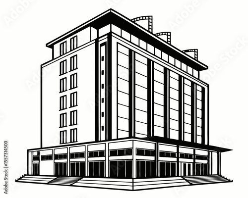 Architectural illustration of modern building structure with clean lines and windows