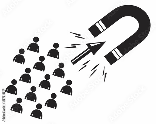 Attracting people conceptual illustration using magnetism and simple silhouette figures