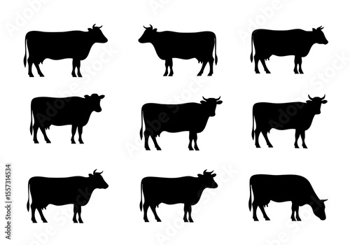 Minimalist Black Silhouette Cow Farm Animal Icon Set Illustration