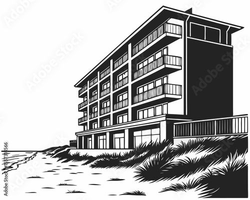 Black and white beachside hotel illustration on a white background with transparency