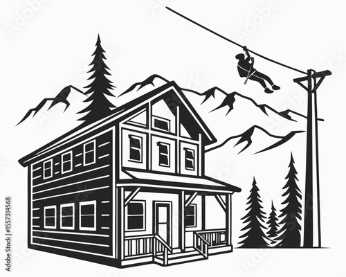Black and white cabin scene with mountains trees and ziplining illustration