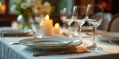 Elegant table setting with candlelight and wine glasses, prepared for a formal dinner party.