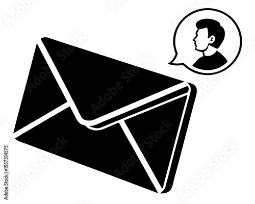 Black and white email illustration with a silhouette person speaking concept