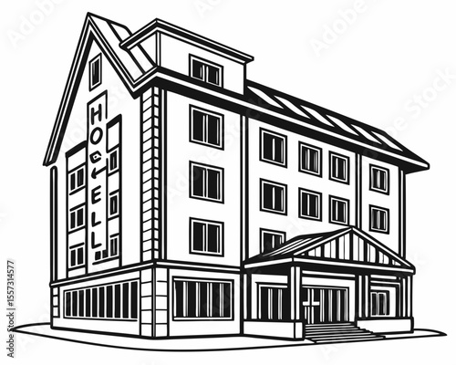 Black and white hotel building illustration with transparency for various design projects