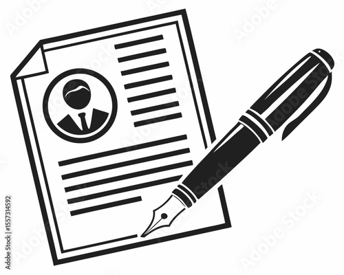 Black and white illustrated resume document and fountain pen with transparency