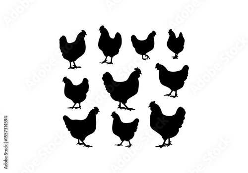Silhouette Style Detailed Chicken Farm Animals Poultry Fowl Silhouettes Set