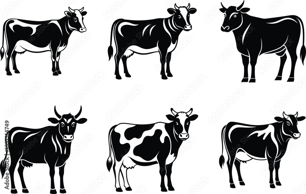 Fototapeta premium Cow silhouette set, farm animal vector, black and white cattle icon, livestock illustration, simple shape design 