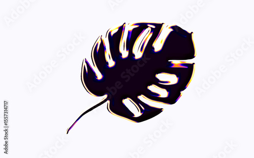Abstract Monstera leaf vector with vibrant glowing edges and dark core. Features holographic, iridescent highlights. Ideal for tropical, modern, digital art, or mysterious nature-themed designs.