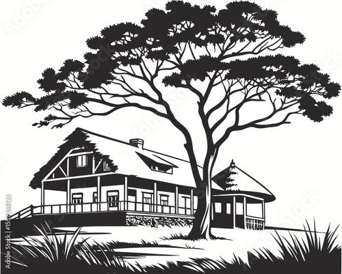 Black silhouette of a house and tree on a white background for design elements