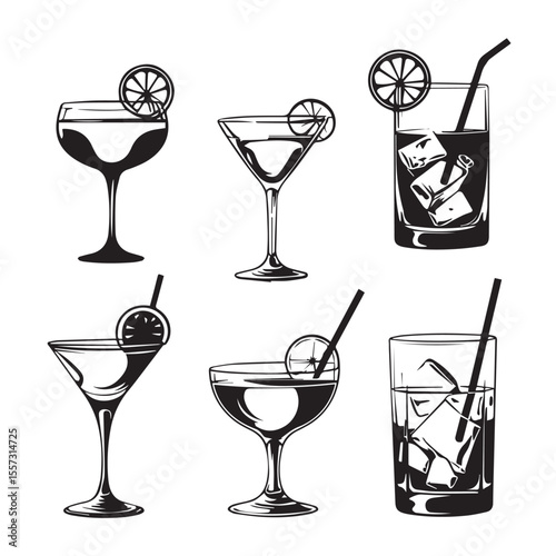 Collection of six stylized black and white illustrations of alcoholic cocktails with lime garnishes and ice