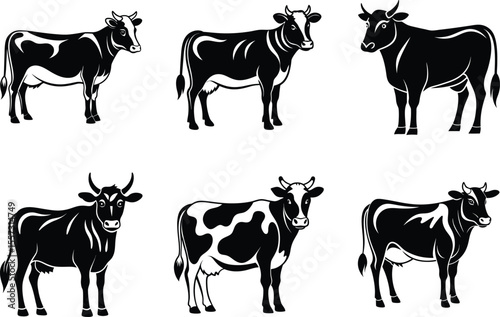 Cow silhouette set, farm animal vector, black and white cattle icon, livestock illustration, simple shape design
