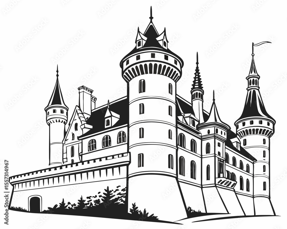 Fototapeta premium Detailed vector illustration of a majestic castle with towers and flags on white background