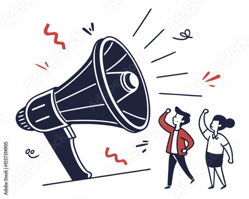 Communication announcement with megaphone and excited people vector illustration