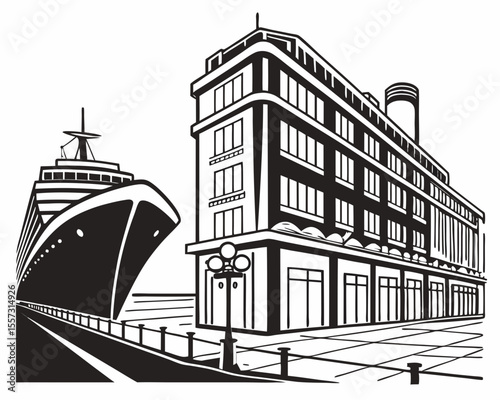 Cruise ship docked near a building outline illustration with transparency